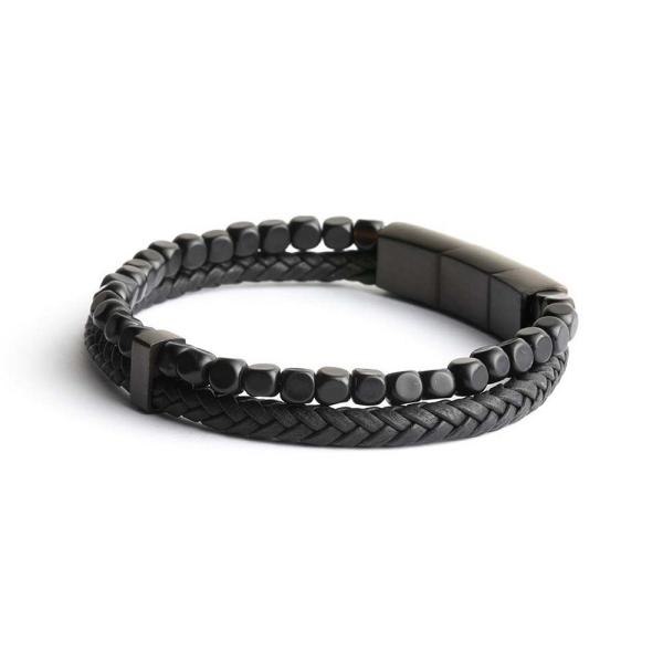Doppelarmband mit italienischem Leder und 4 mm schwarzem Achatstein - Double Black